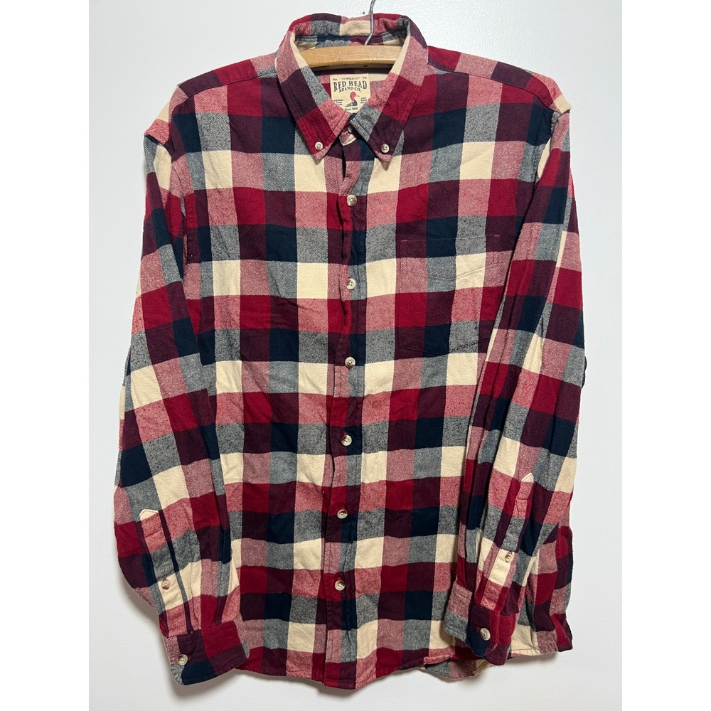 Red Head Brand Mens Flannel Shirt L Red Navy Blue Plaid Button Down Long Sleeve